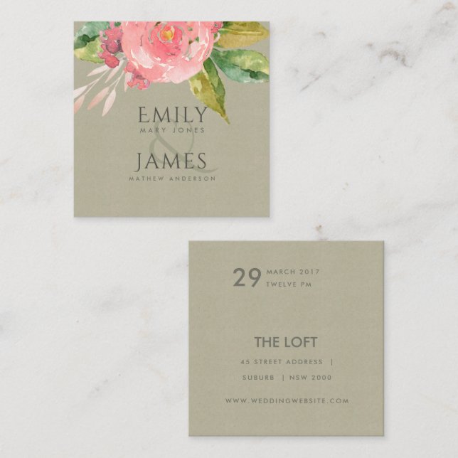 WATERCOLOUR PINK FLOWER GREEN FOLIAGE  WEDDING SQUARE BUSINESS CARD (Front/Back)