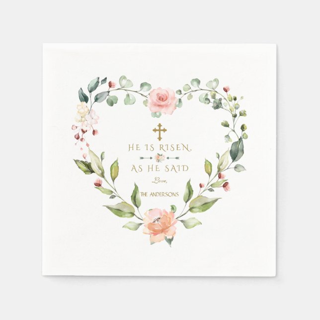 Watercolour Pink Flowers He Is Risen Gold Easter Napkins (Front)
