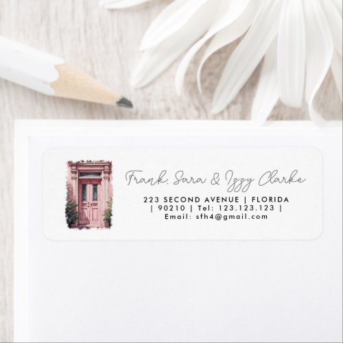 watercolour pink front door elegant wedding label