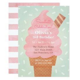 Watercolour Pink Ice Cream Kids Birthday Party Card