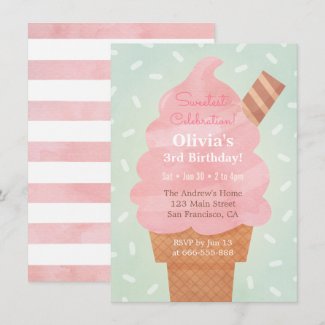 Watercolour Pink Ice Cream Kids Birthday Party Invitation