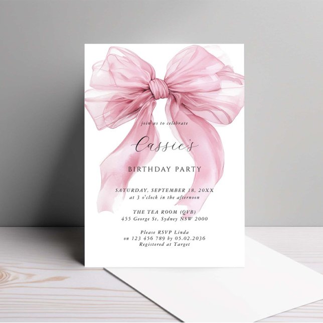Watercolour Pink Large Bow Birthday Party Invitation (Creator Uploaded)