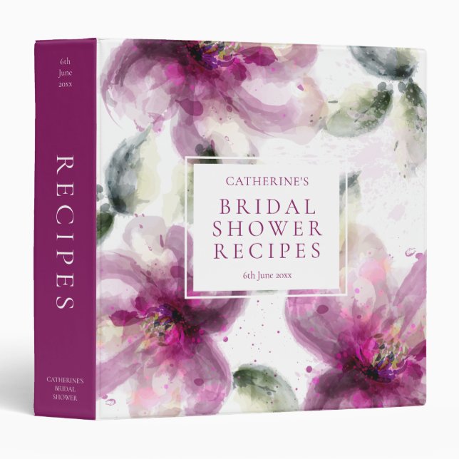Watercolour Pink Lily Bridal Shower Recipe Binder (Front/Spine)