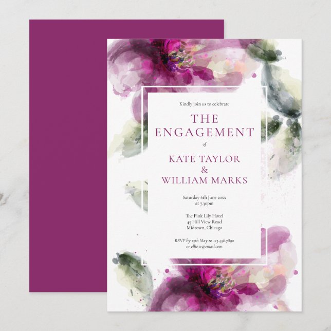 Watercolour Pink Lily Engagement Party Invitation (Front/Back)