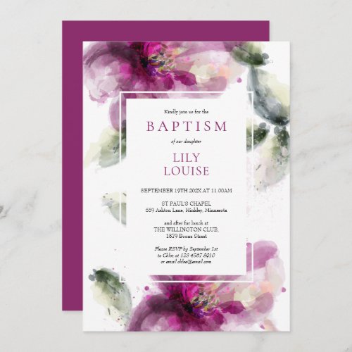 Watercolour Pink Lily Floral Baptism Christening Invitation