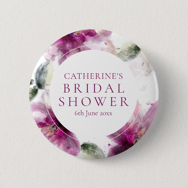 Watercolour Pink Lily Floral Bridal Shower Button (Front)