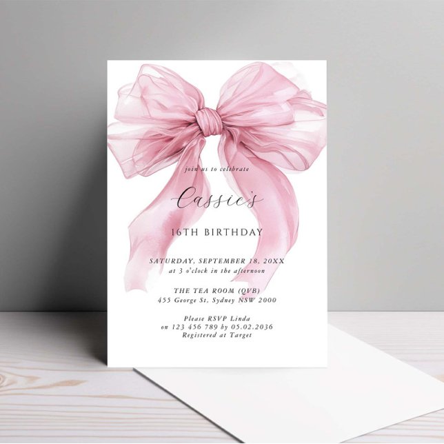 Watercolour Pink Ribbon Bow 16th Birthday Invitation (Creator Uploaded)