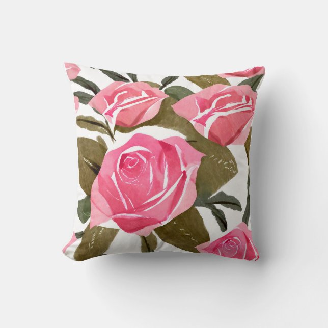 Watercolour Pink Rose Bouquet Throw Pillow  (Front)