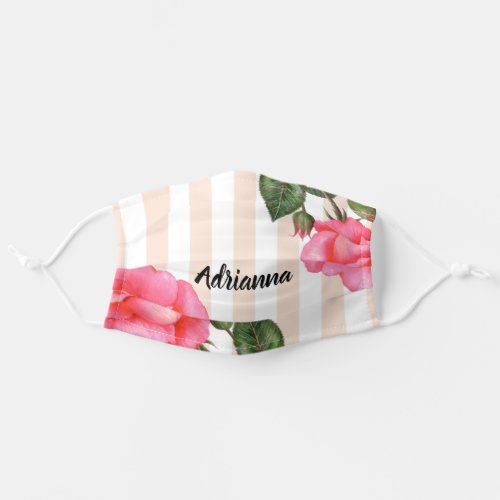 Watercolour Pink Rose Shabby Chic White Stripes Adult Cloth Face Mask