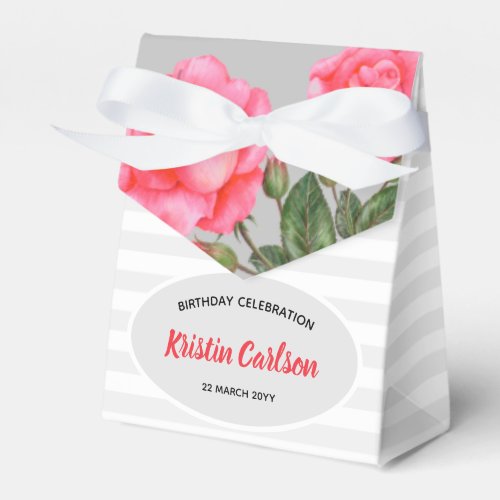 Watercolour Pink Rose Silver Gray Stripes Pattern Favor Boxes