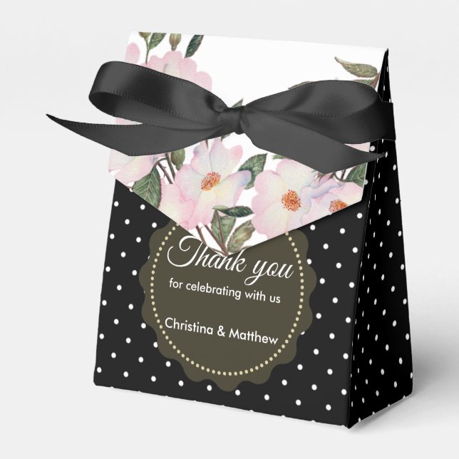 Watercolour Pink Roses Black White Polka Dots Favor Boxes (Front Side)