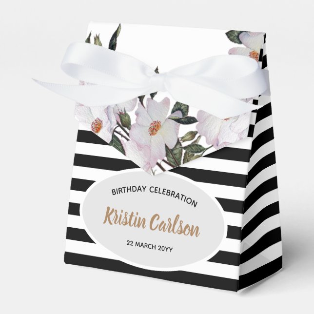 Watercolour Pink Roses Black White Stripes Pattern Favor Boxes (Front Side)