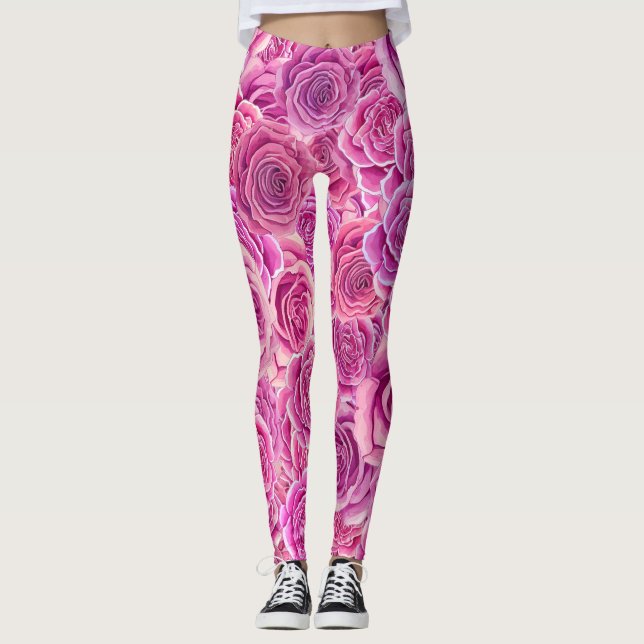 Watercolour Pink Violet Roses Floral Pattern  Leggings (Front)