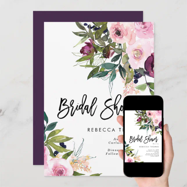 watercolour plum floral bridal shower invitation Zazzle
