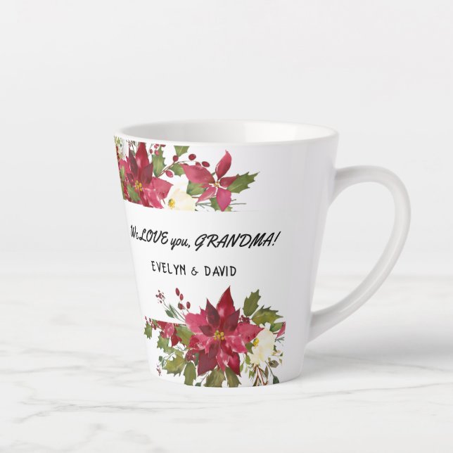 Watercolour Poinsettia Love Grandma Monogram Latte Mug (Right)