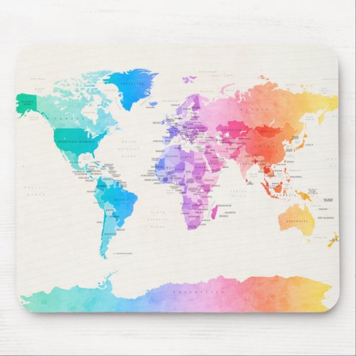 Watercolour Political Map of the World Mouse Pad