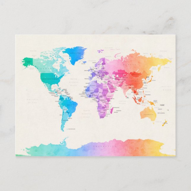 Watercolour Political Map of the World Postcard (Front)