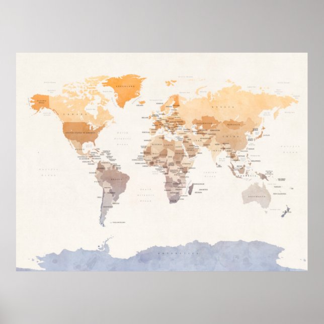 Watercolour Political Map of the World Poster (Front)