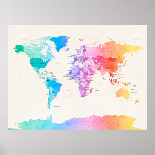 Watercolour Political Map of the World Poster (Front)