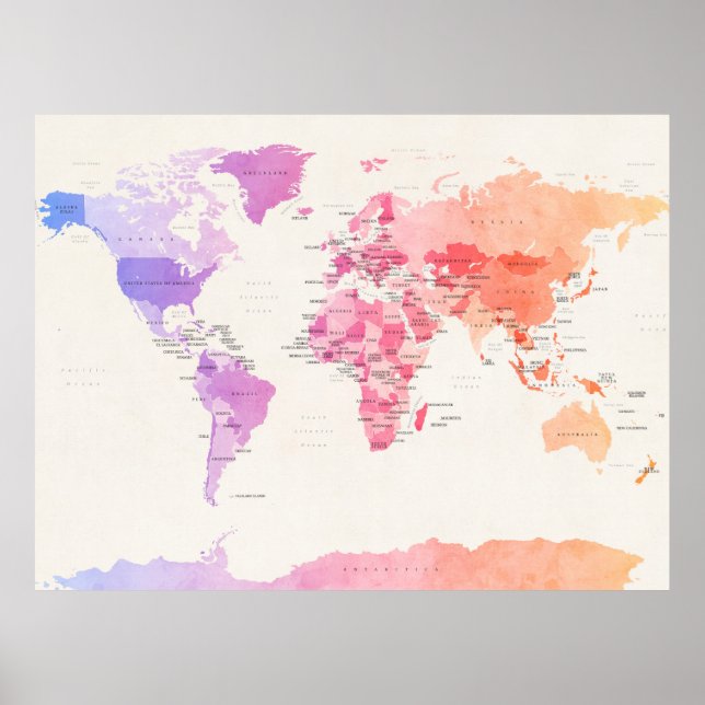 Watercolour Political Map of the World Poster (Front)
