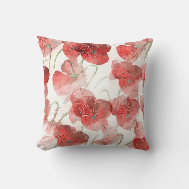 Watercolour Poppies Throw Pillow (Front)