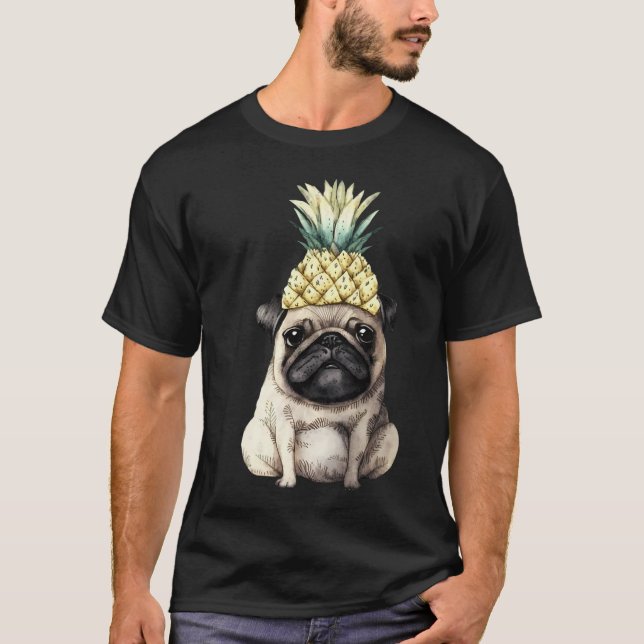 Watercolour pug with a pineapple crown. Funny pug  T-Shirt (Front)