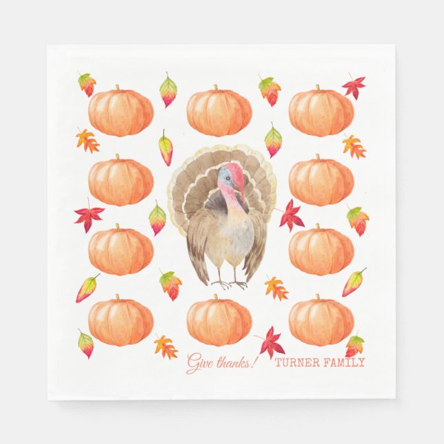Watercolour Pumpkin Turkey Pattern Thanksgiving Napkins (Front)