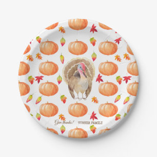 Watercolour Pumpkin Turkey Pattern Thanksgiving Paper Plates