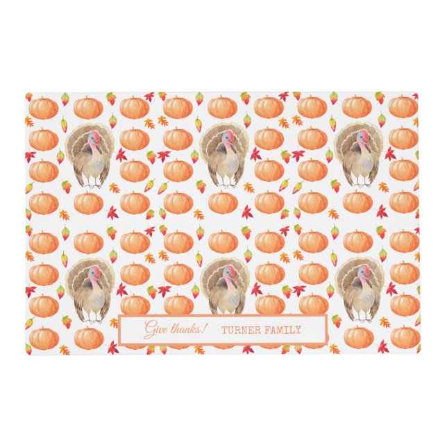 Watercolour Pumpkin Turkey Pattern Thanksgiving Placemat (Front)