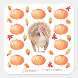 Watercolour Pumpkin Turkey Pattern Thanksgiving Square Sticker