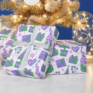 Watercolour Purple Green Festive Gnomes Christmas Wrapping Paper