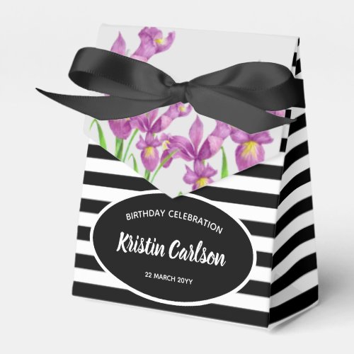 Watercolour Purple Irises with Black White Stripes Favor Boxes