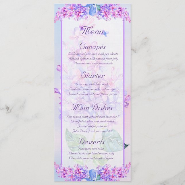 Watercolour Purple Lilac Flower Menu Card (Front)