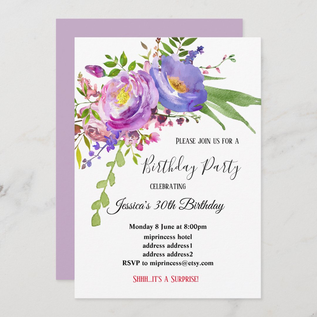 watercolour purple pink floral birthday invitation | Zazzle