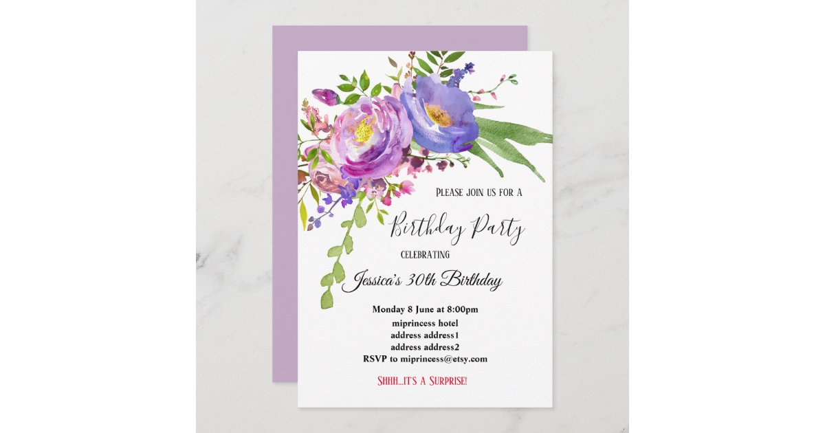 watercolour purple pink floral birthday invitation | Zazzle