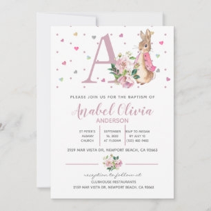 Watercolour Rabbit Flopsy Baby Girl Baptism Invitation