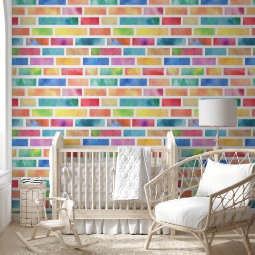 Watercolour Rainbow Brick Pattern Wallpaper