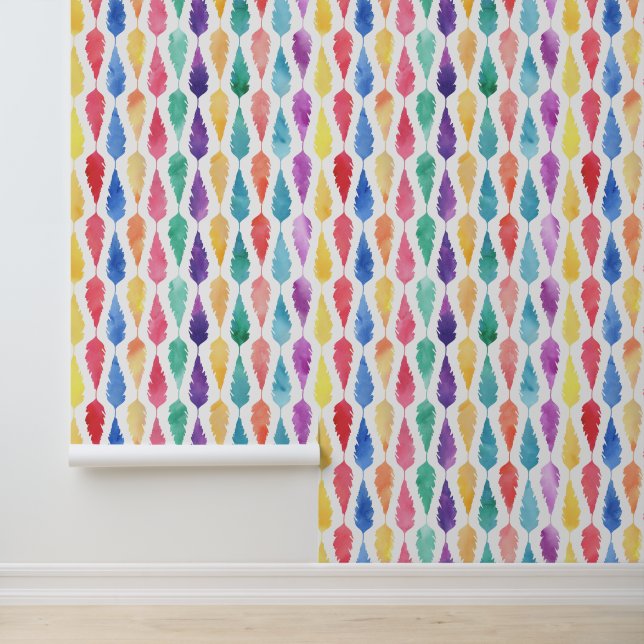 Watercolour Rainbow Feather Pattern Wallpaper (Application)