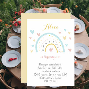 Watercolour rainbow hart pink blue 1st Birthday Invitation