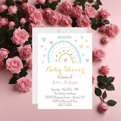Watercolour rainbow hart pink blue Baby Shower  Invitation
