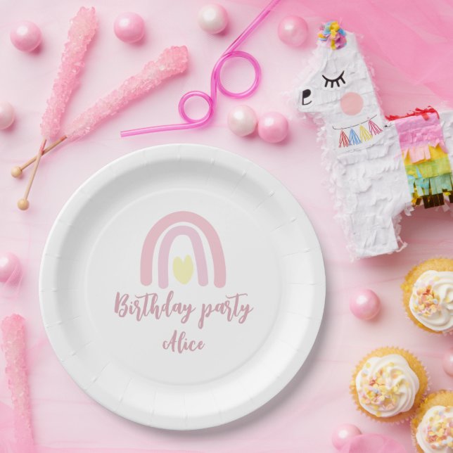 Watercolour rainbow pink yellow  Birthday Party Paper Plates (Party)
