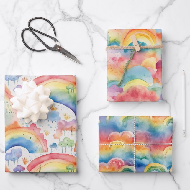 Watercolour Rainbows and Clouds  Wrapping Paper Sheets (Front)