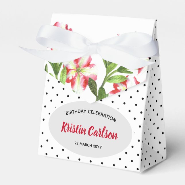 Watercolour Red Petunias Black White Polka Dots Favor Boxes (Front Side)