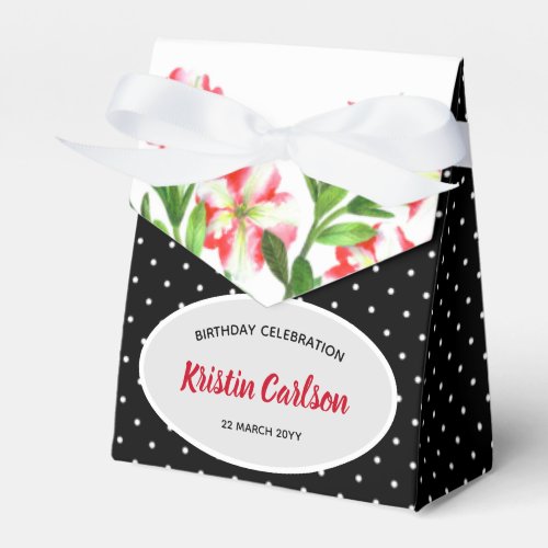 Watercolour Red Petunias Black White Polka Dots Favor Boxes