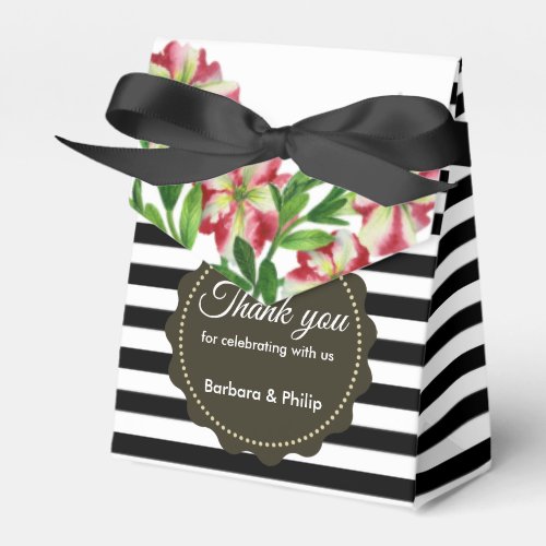 Watercolour Red Petunias Black White Stripes Favor Boxes