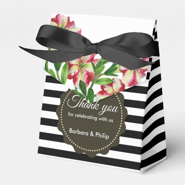 Watercolour Red Petunias Black White Stripes Favor Boxes (Front Side)