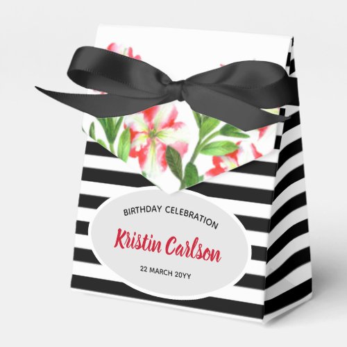 Watercolour Red Petunias Black White Stripes Favor Boxes