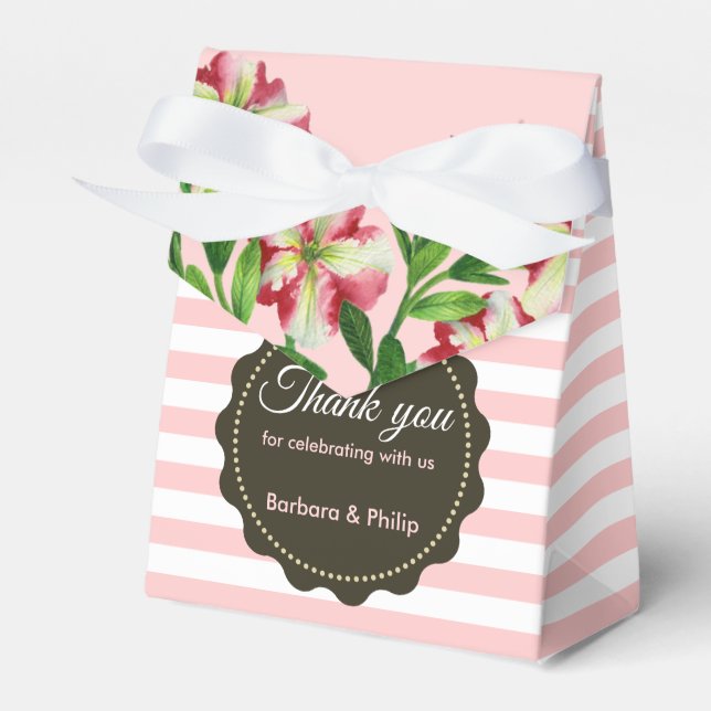 Watercolour Red Petunias Pink White Stripes Favor Boxes (Front Side)
