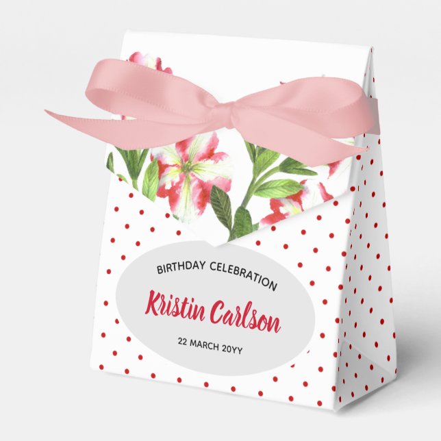 Watercolour Red Petunias Red White Polka Dots Favor Boxes (Front Side)