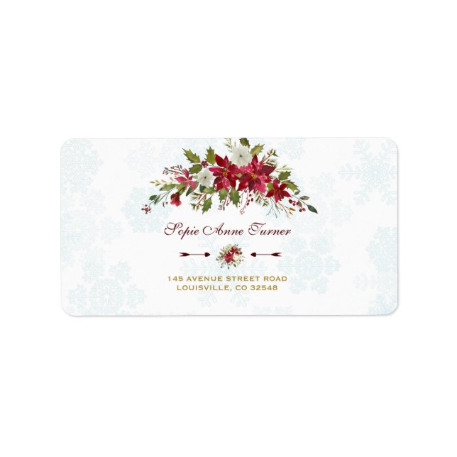 Watercolour Red Poinsettia Snowflakes Wedding Label (Front)